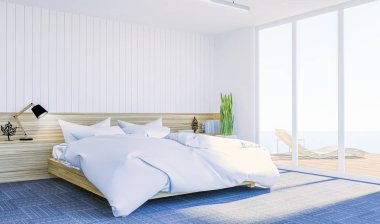 Beyaz modern çağdaş yatak odası iç duvar sahte kadar 3d render için kopya alanı ile