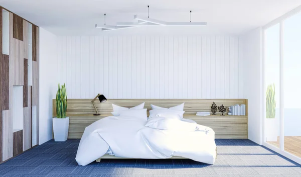 Alb Interior Modern Dormitor Contemporan Spațiu Copiere Perete Pentru Batjocură — Fotografie, imagine de stoc