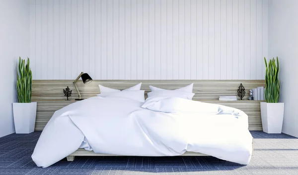 ภายในห องนอนสม ยใหม ขาวท าเนาบนผน าหร บการเยาะเย Rendering — ภาพถ่ายสต็อก
