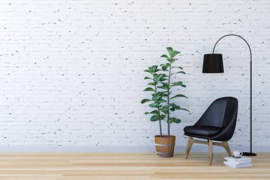 Beyaz tuğla modern oturma odası iç yaşam alanı, 3d render ile