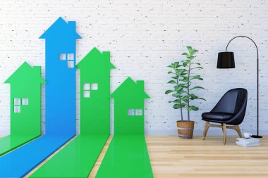 3D ev şeklinde ok çubuk grafik git yukarı doğru salonda Emlak talep ve değeri, dizin oluşturma 3d render