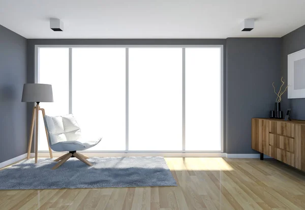 Contemporary Living Room Interior Grey Wall Large Windows Rendering — Free Stock Photo