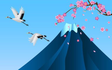 Japon vinçler Fuji Dağı ve Sakura çiçek açan kiraz ağaçları, üzerinde uçan vektör çizim