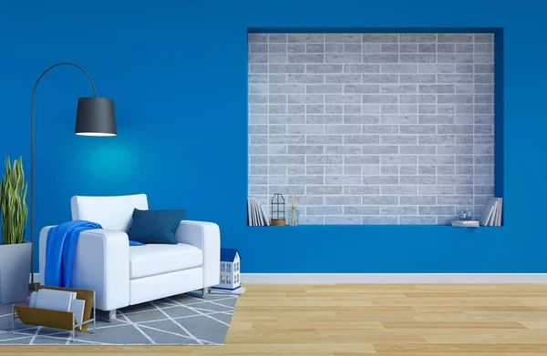 Modern Contemporary Living Room Interior Blue Wall Copy Space Wall — Stok Foto