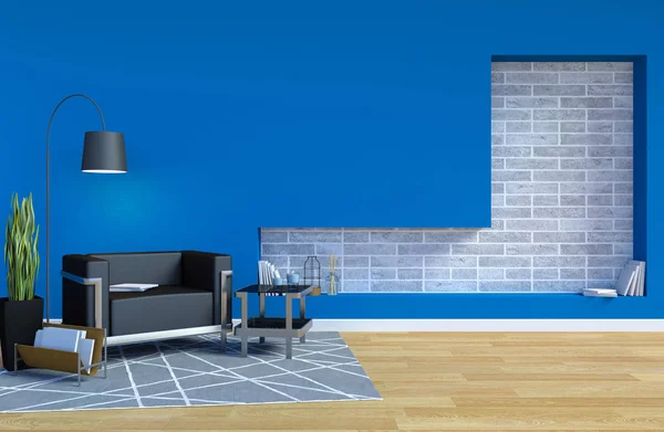 现代客厅内饰与蓝色墙和复制空间的墙上模拟 — 图库照片