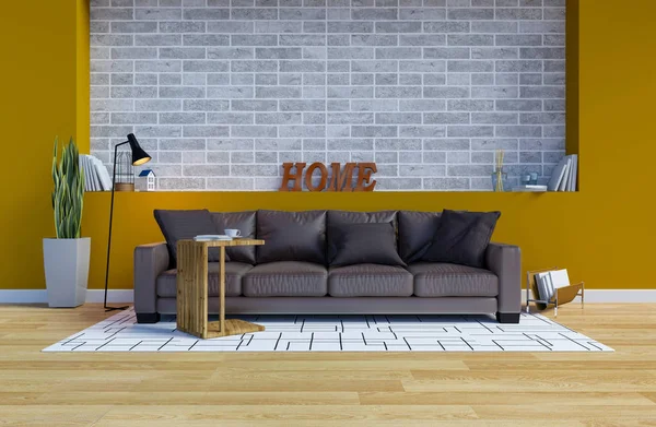 Modern Çağdaş Oturma Odası Sarı Duvar Kopya Alanı Mock Render — Stok fotoğraf