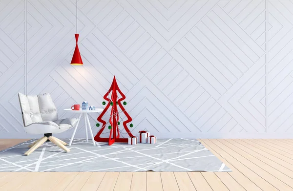 Interior Blanco Sala Estar Con Árbol Navidad Para Las Vacaciones — Foto de Stock
