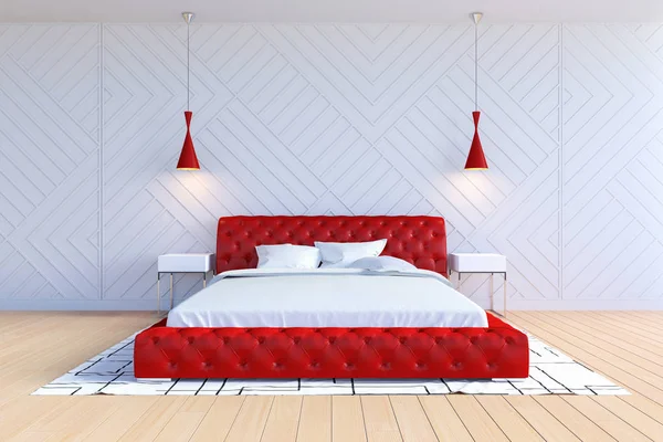 Modern Contemporary Bedroom Interior White Red Color Rendering — Fotografie, imagine de stoc