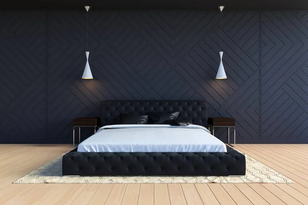 黒と白の色でモダンな現代的な寝室インテリア レンダリング — ストック写真