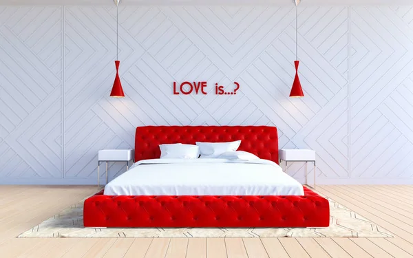 stock image Modern bedroom interior in Valentine theme color with text on wall, 3D Rendering