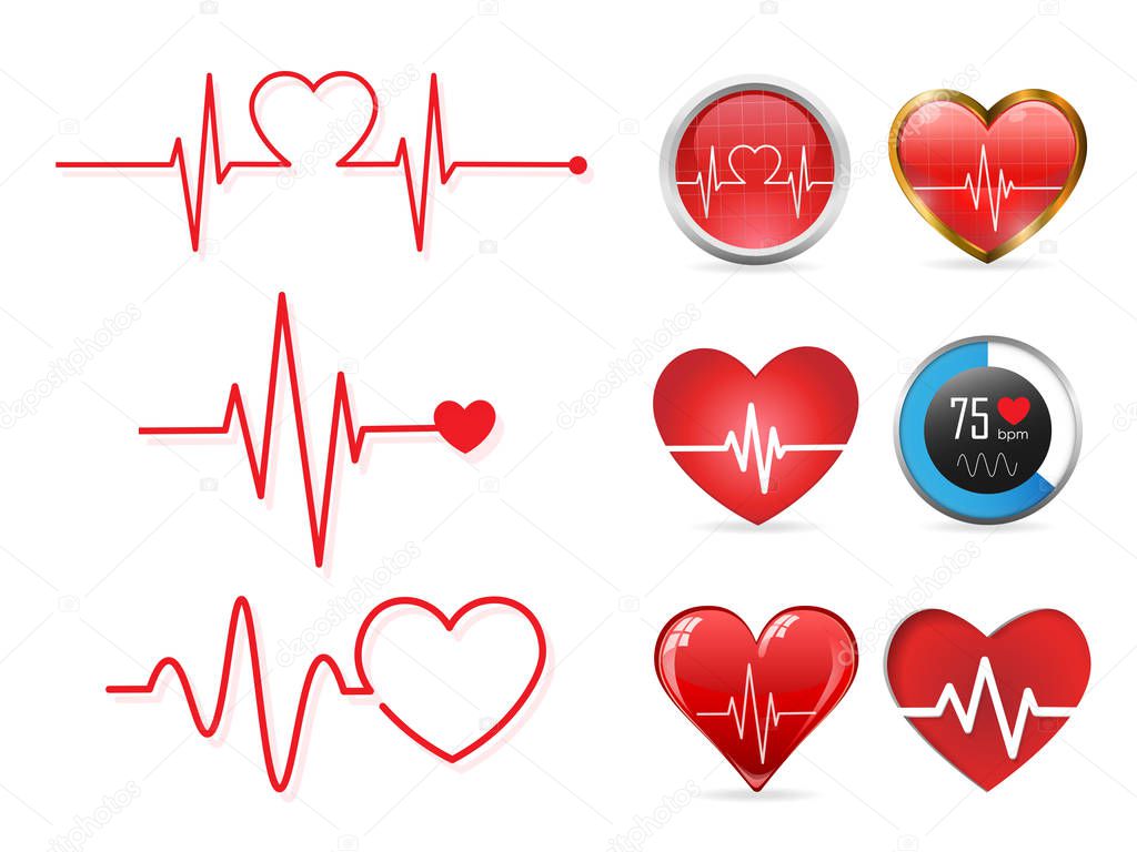 Heartbeat icon set and  electrocardiogram, heart rhythm concept, Vector Illustration