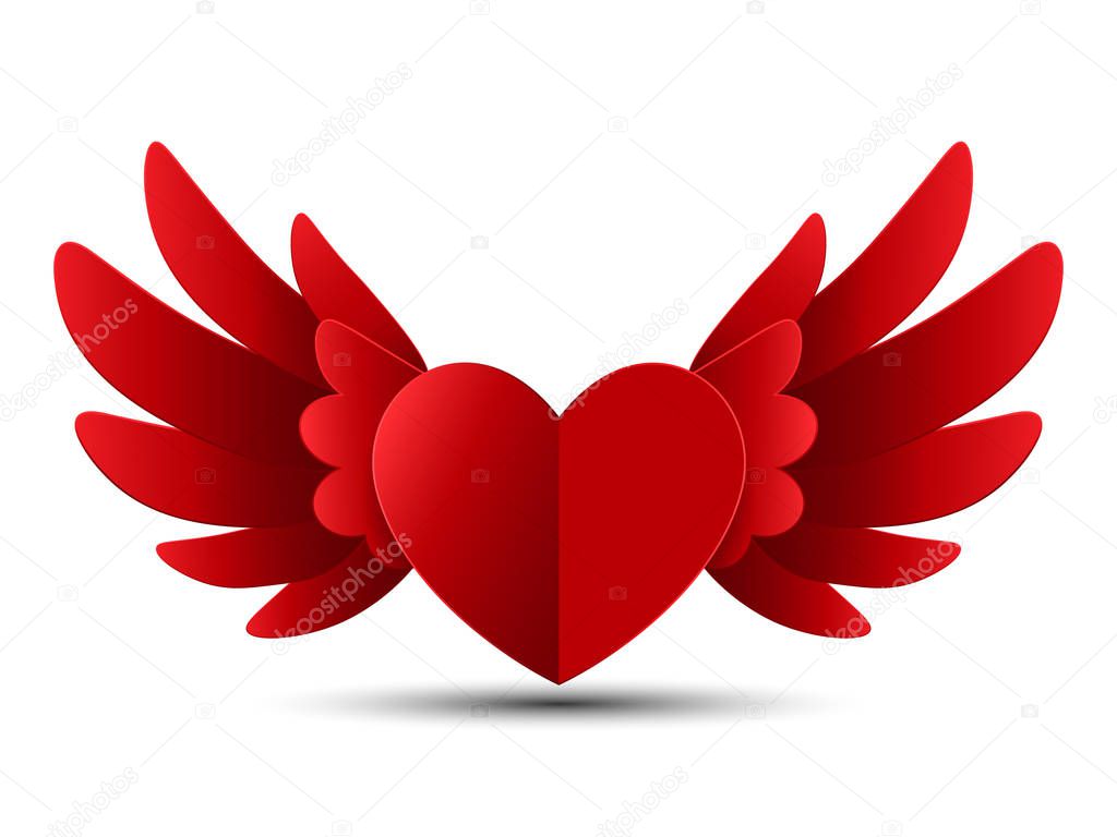 Valentine Red Heart with Wings, Vector Illustration