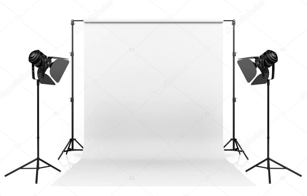 Iluminación de estudio fotográfico configurada con fondo blanco sobre