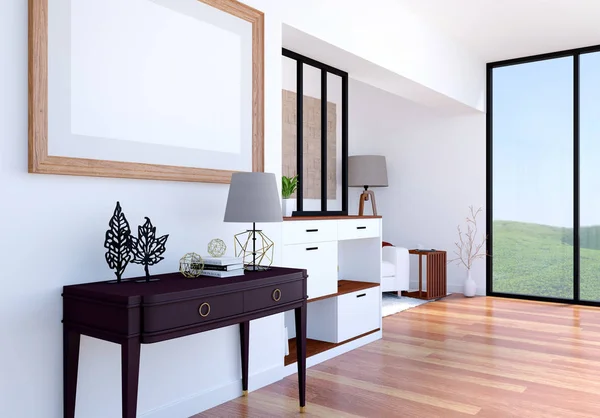 Moderne Luxus Wohnzimmer Interieur Hintergrund Mit Attrappe Leeren Posterrahmen Rendering — Stockfoto