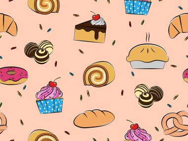 Hamur işleri ve tatlılar Dikişsiz desen, el-çizilmiş stil, vektör illüstrasyon