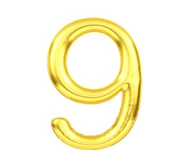 Sayı 9, Altın balon sayısı dokuz beyaz arka plan, 3d Rendering izole