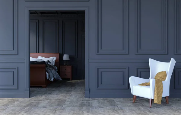 Luxe Slaapkamer Interieur Modern Klassiek Ontwerp Met Fauteuil Kopieer Ruimte — Gratis stockfoto