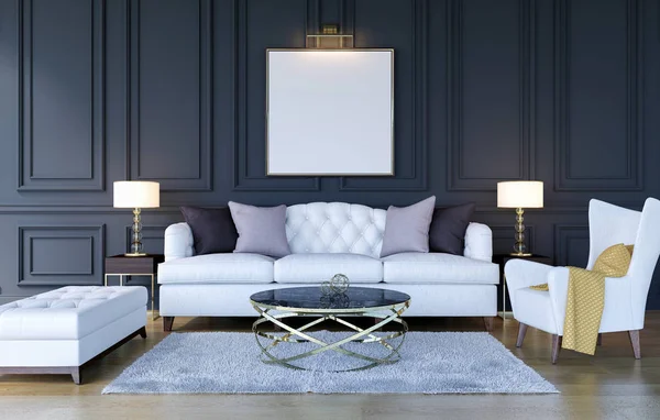 Poster çerçevesi kadar sahte modern klasik lüks oturma odası iç arka plan, 3d Rendering