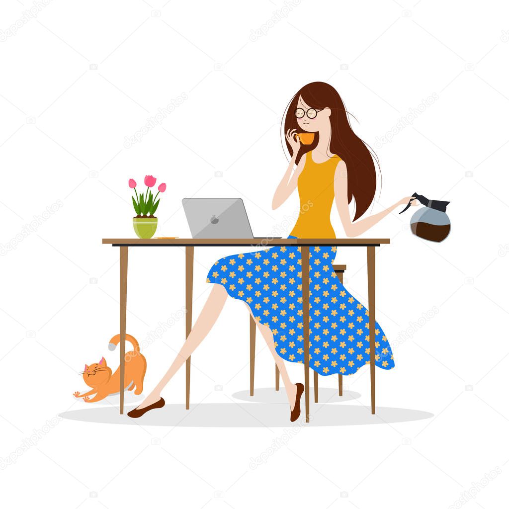 Young woman drinking coffee and working on laptop computer, Vector illustration