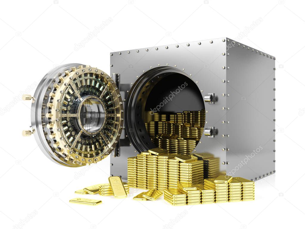 Bank safe deposit box and opened bank vault door revealing gold bars, 3D Rendering