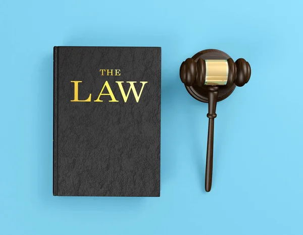 Σφυρί Του Ξύλινου Δικαστή Και Βιβλίο Νόμου Για Μπλε Φόντο — Φωτογραφία Αρχείου