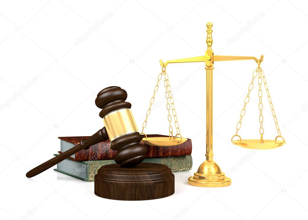 Wooden judge's gavel and golden scale and law book, 3D Rendering