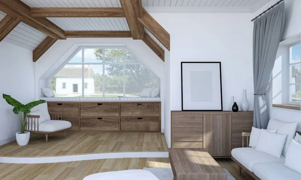 Interior Ruang Tamu Putih Dengan Furnitur Kayu Dan Lantai Tingkat — Foto Stok Gratis