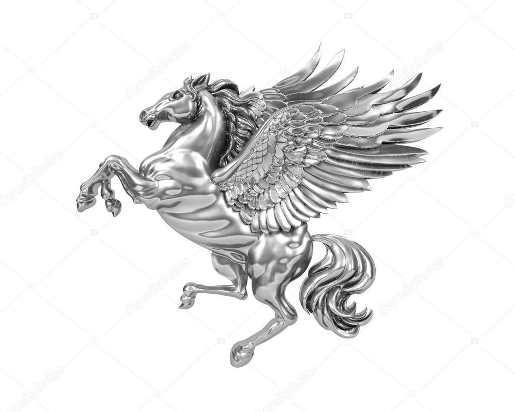Silver metal flying horse Pegasus isolated on white background (with clipping path). 3D Rendering
