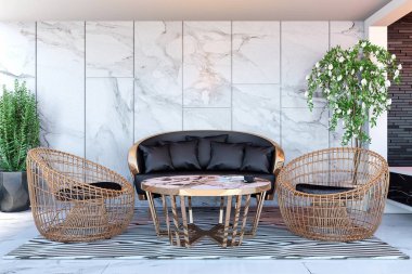 Modern otel lobi alanı ve resepsiyon, 3d Rendering iç 