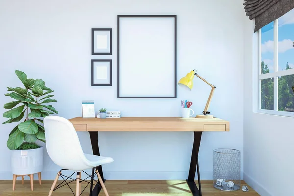 Working Room Interior Blank Photo Frame Mock Wall Rendering — Stock Photo, Image