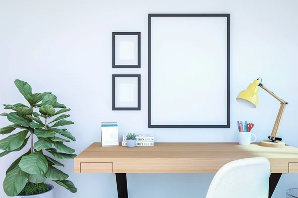 Werkruimte Interieur Met Blanco Fotolijstje Voor Mock Aan Muur Rendering — Gratis stockfoto