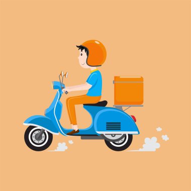 Dağıtım kutusuyla mobilete binen teslimatçı. Teslimat hizmeti konsepti. Vektör illüstrasyonu