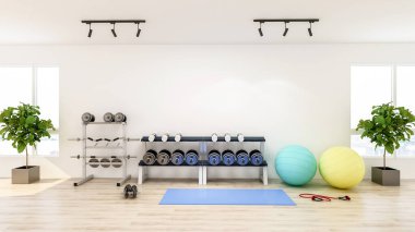 Spor ve fitness ekipmanları ile modern spor salonu iç mimarisi, fitness merkezi inteior, 3D oluşturma