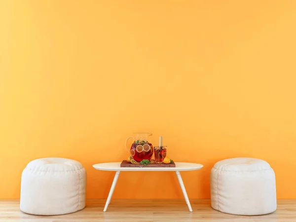 Εσωτερικό Χώρου Άδειο Πορτοκαλί Τοίχο Λευκά Έπιπλα Και Εμποτισμένο Σετ — Φωτογραφία Αρχείου