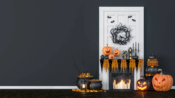 Oturma odasının içi fenerler ve Cadılar Bayramı balkabaklarıyla dekore edilmiş, Cadılar Bayramı partisi için, Jack-o-Lantern, 3D