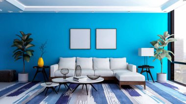 Modern ve lüks mavi oturma odasının iç arka planı. Model için boş fotoğraf çerçevesi, 3D Hazırlama