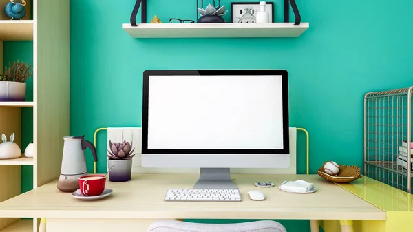 Moderne Personal Computer Desktop Blanco Wit Monitor Scherm Voor Mock — Stockfoto