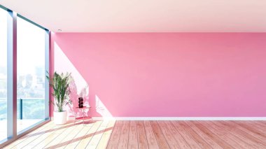 Geniş Pencere ve Ahşap Döşemeli Modern Boş Salon Açık Alanının İçi, 3B Hazırlama