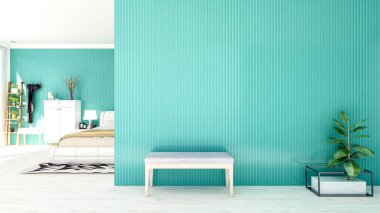 Büyük boş duvar ve kopyalama alanı ile İskandinav tarzı yatak odası iç mimarisi, 3D oluşturma  