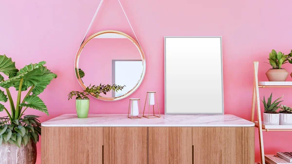 Bingkai Gambar Kosong Untuk Mock Sideboard Dan Dinding Pink Rendering — Stok Foto