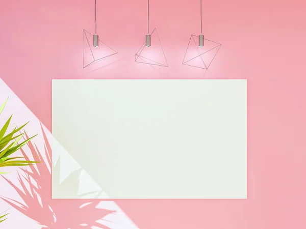 Prázdné Plátno Plakátový Rám Pro Modelování Růžové Stěně Lampami Vykreslování — Stock fotografie