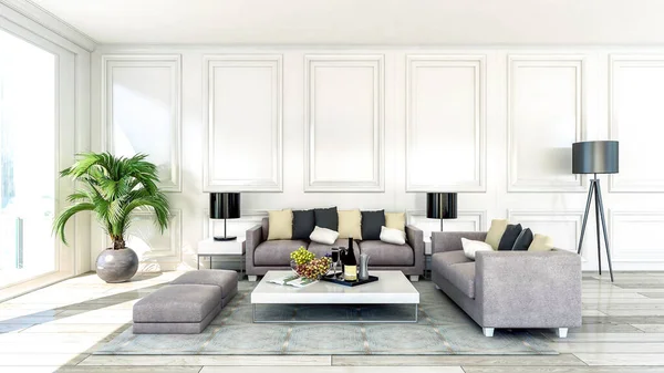 Apartament Modern Lux Interior Living Fereastră Mare Redare — Fotografie, imagine de stoc