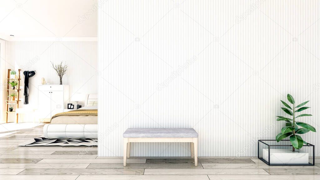 Nordic style bedroom interior with large empty wall and copy space, 3D Rendering  