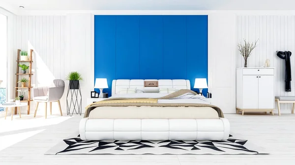 Weiße Moderne Schlafzimmereinrichtung Blau Weißer Themenfarbe Mit Meerblick Terrasse Rendering — Stockfoto