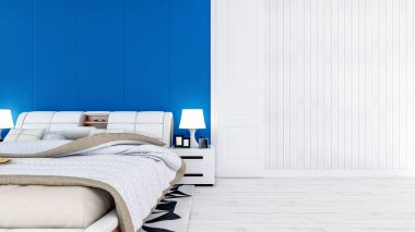 Beyaz modern yatak odası iç mimarisi. Duvarında ve zemininde boşluk var. 3 boyutlu.