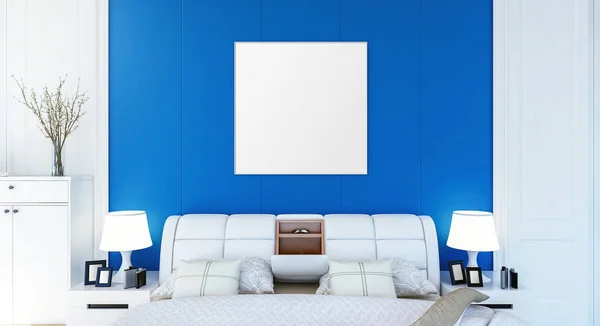 Blank Empty Photo Frame Bedroom Wall Mock Rendering — Stock Photo, Image