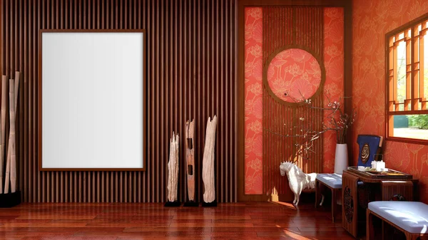 Blanco Leeg Canvas Fotolijstje Voor Maquette Chinese Traditionele Stijl Woonkamer — Stockfoto