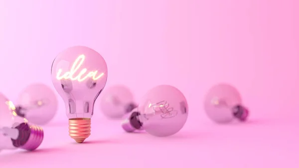 Ideenwort Leuchtet Der Glühbirne Kreativität Und Innovationskonzept Rendering — Stockfoto