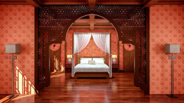 Interieur Der Traditionellen Chinesischen Stil Schlafzimmer Interieur Mit Möbeln Und — Stockfoto