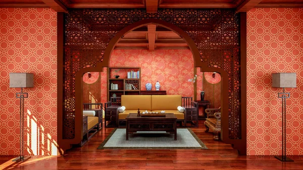 Interieur Van Traditionele Chinese Stijl Woonkamer Met Meubels Houten Vloer — Stockfoto